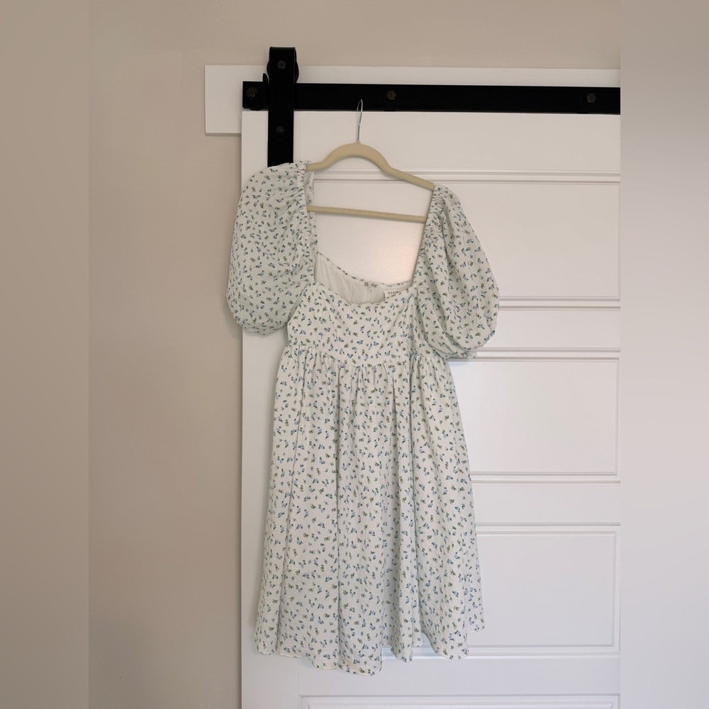 Storia Cream Dress with Blue Floral Print and Puff Sleeves